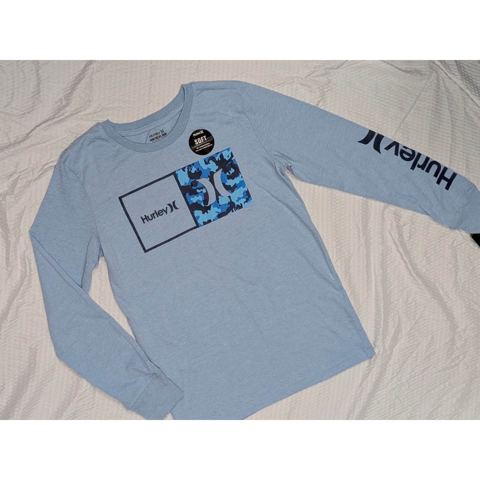 Hurley Boys Long Sleeve Shirt Size L 12/13 Blue Camo Logo Soft Cotton