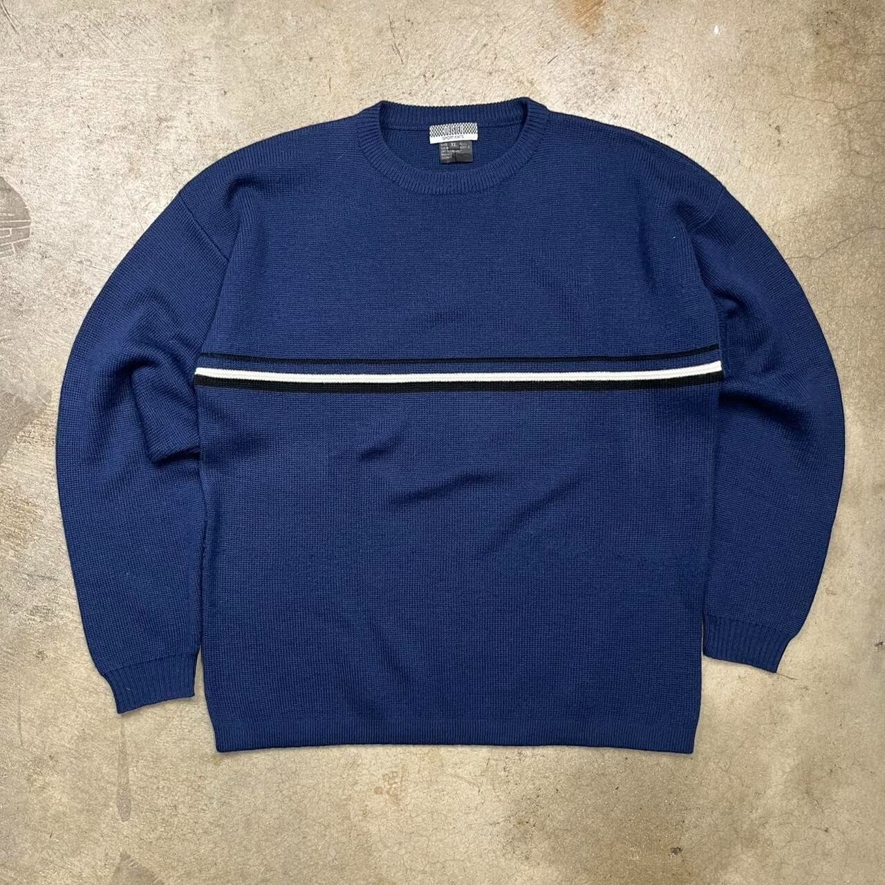 Vintage Y2K Sweater Stripe long sleeve knit navy blue wool acrylic blend Mens XL