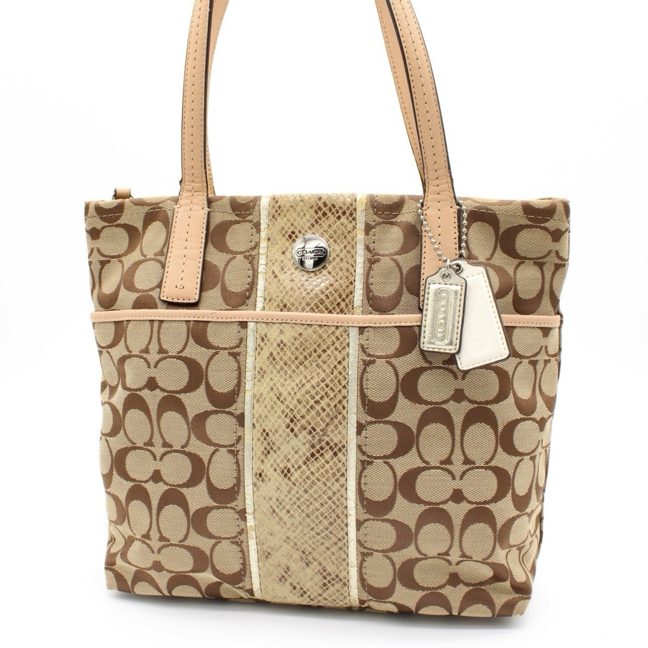 COACH Signature Canvas Leather Tote Bag Beige Brown Snakeskin Embossed Silver