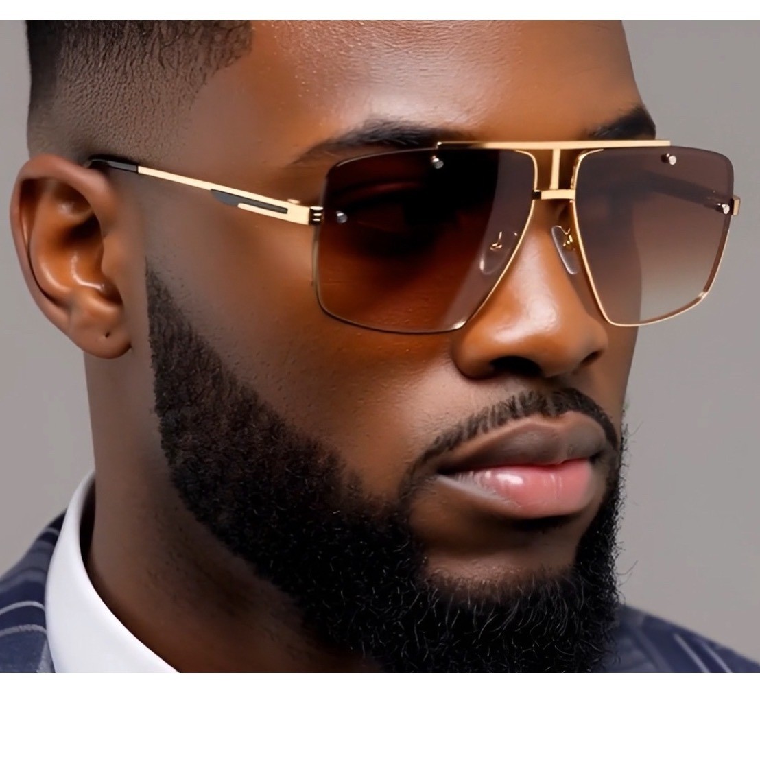 Men’s Oversized Square Rimless Sunglasses Gold Double Bridge Gradient Brown Lens