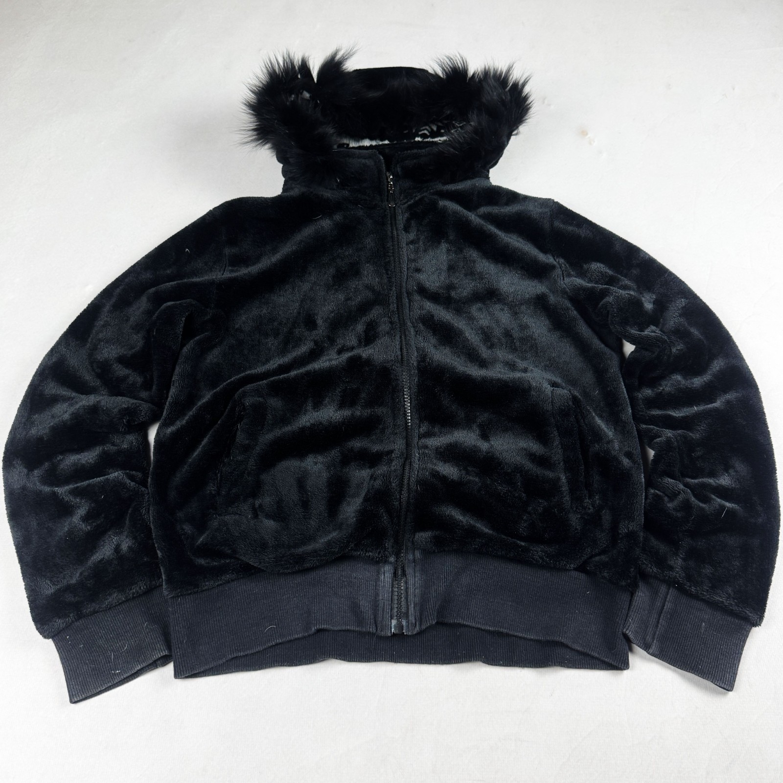 Mens Black Faux Fur Zip Jacket Plush Hooded Soft Y2K Winter Streetwear Cozy