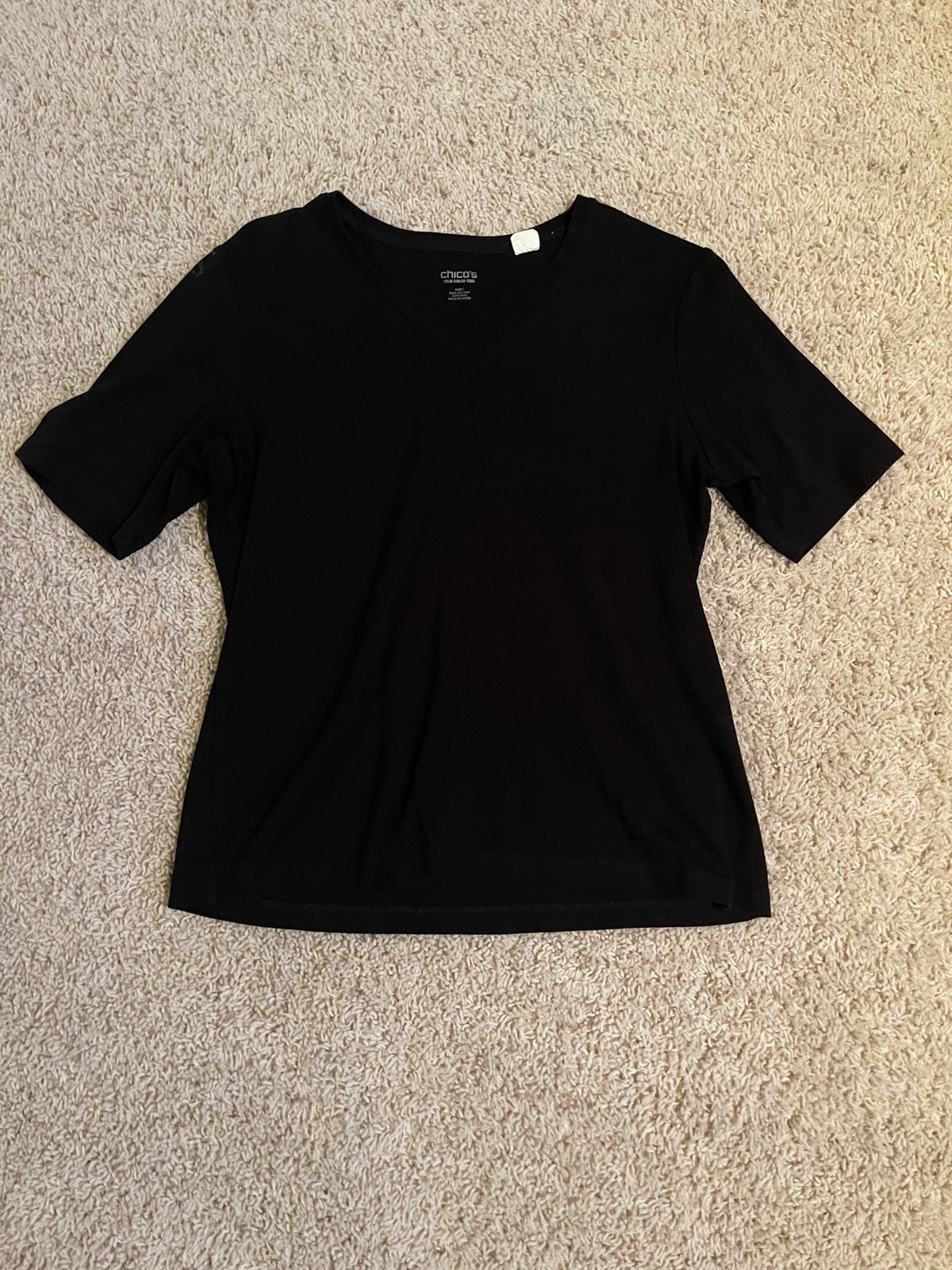 Chico’s Tee Women Sz 1 Black Short Sleeve 100% Cotton Striped V Neck Casual Top