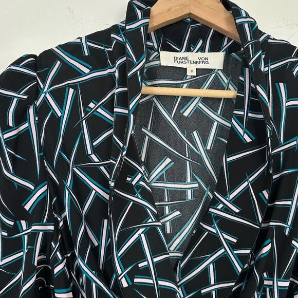 Diane Von Furstenburg Drusilla Black Teal Wrap Midi Dress Womens 8