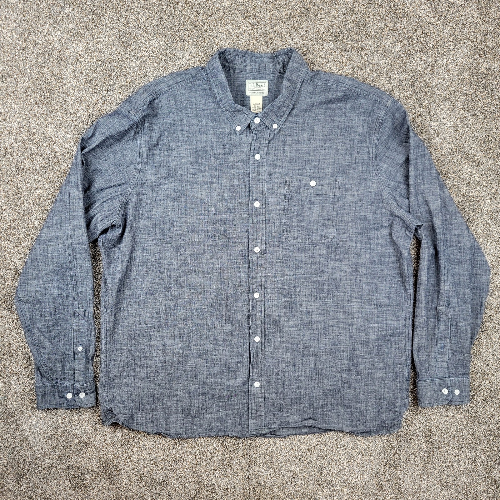 LL Bean Chambray Shirt Mens 2XL Blue Long Sleeve Pocket Slightly Fitted Stretch