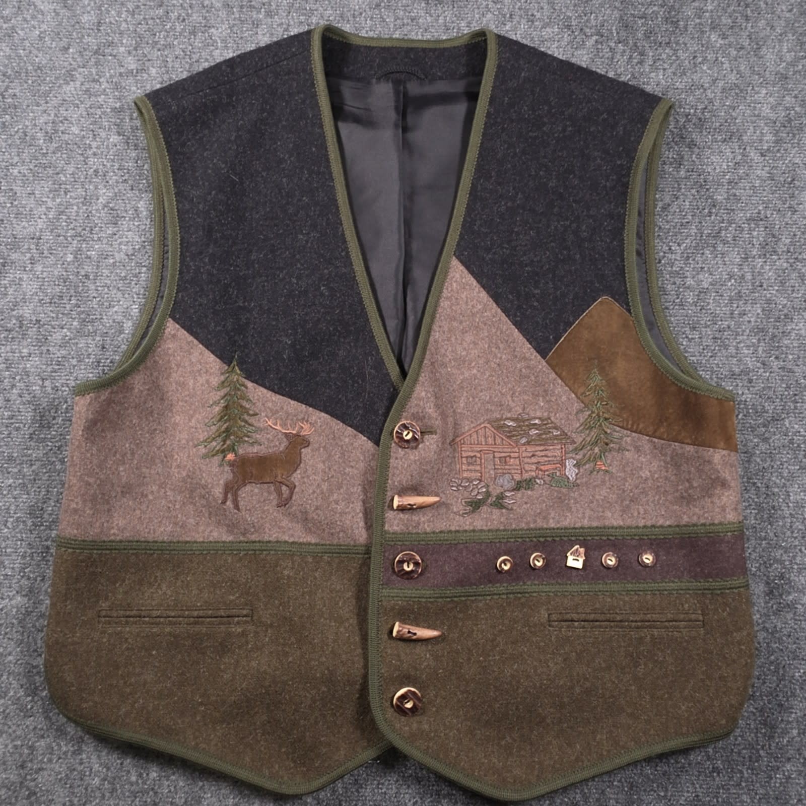 VTG Alphorn Vest Mens 53 Olive Green Embroidered Wool Blend Elk Leather