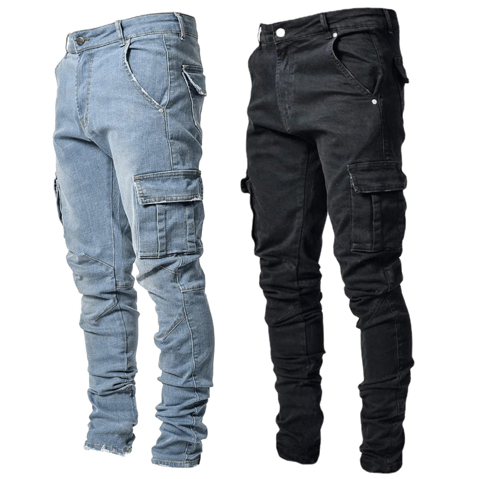 Large SIze Mens Soild Straight Hole Buckle Zipper Middle Waist Denim Long Pants