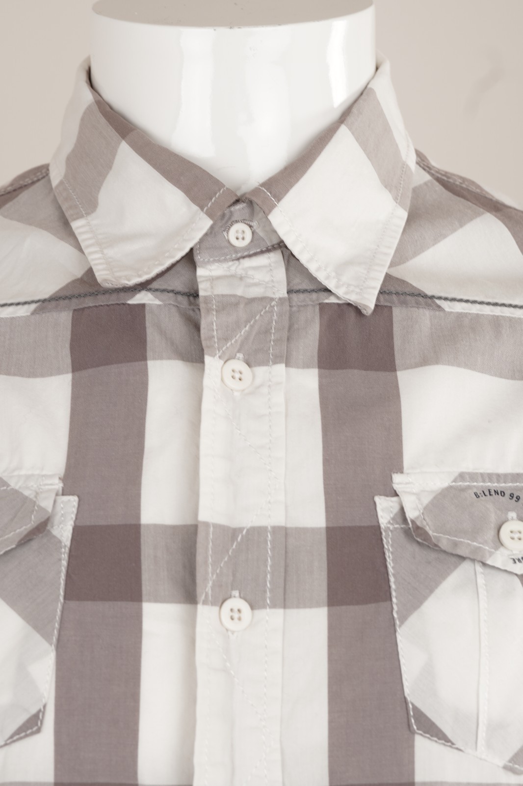 Vintage Blend Plaid Shirt Grey White Cotton Casual Mens M