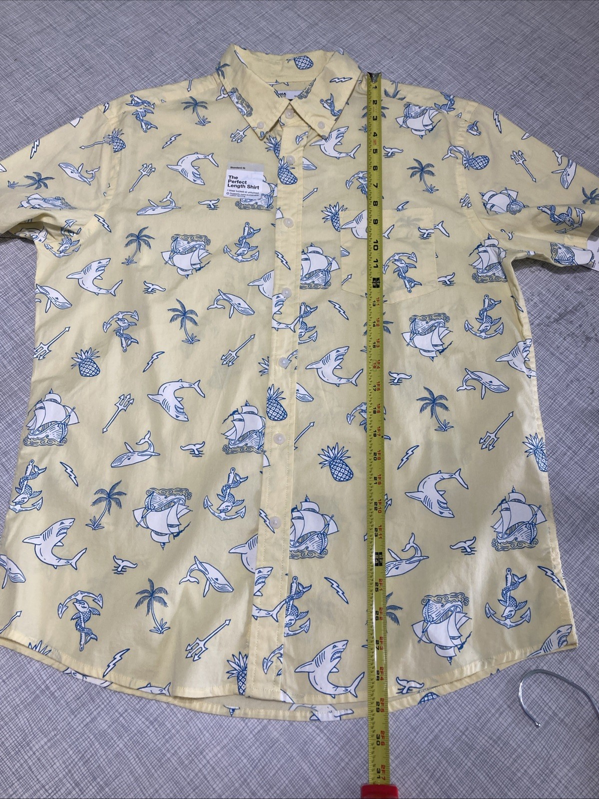 NWT Sonoma Goods For Life Men Medium Perfect Length Shirt Yellow Nautical Shark