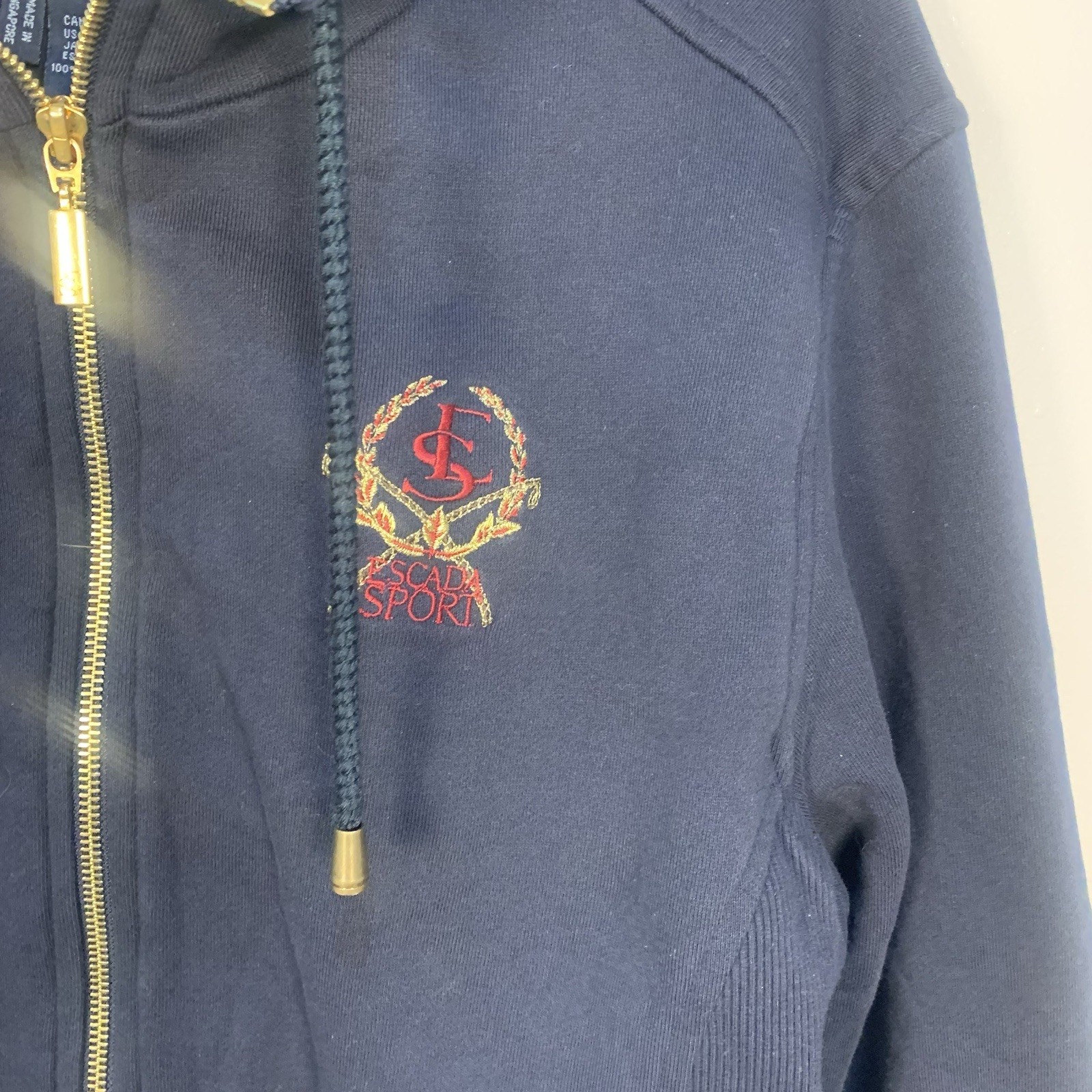 Escada Sport Front Zipper Logo Embroidered Sweatshirt Jacket Drawstring Navy M