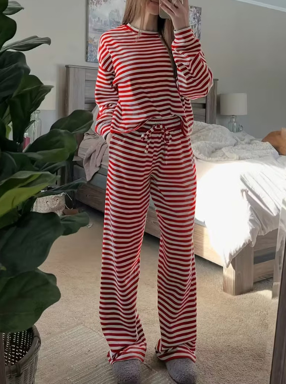 Unisex Striped 2Pcs Lounge Set Long Sleeve Top High Waist Pants
