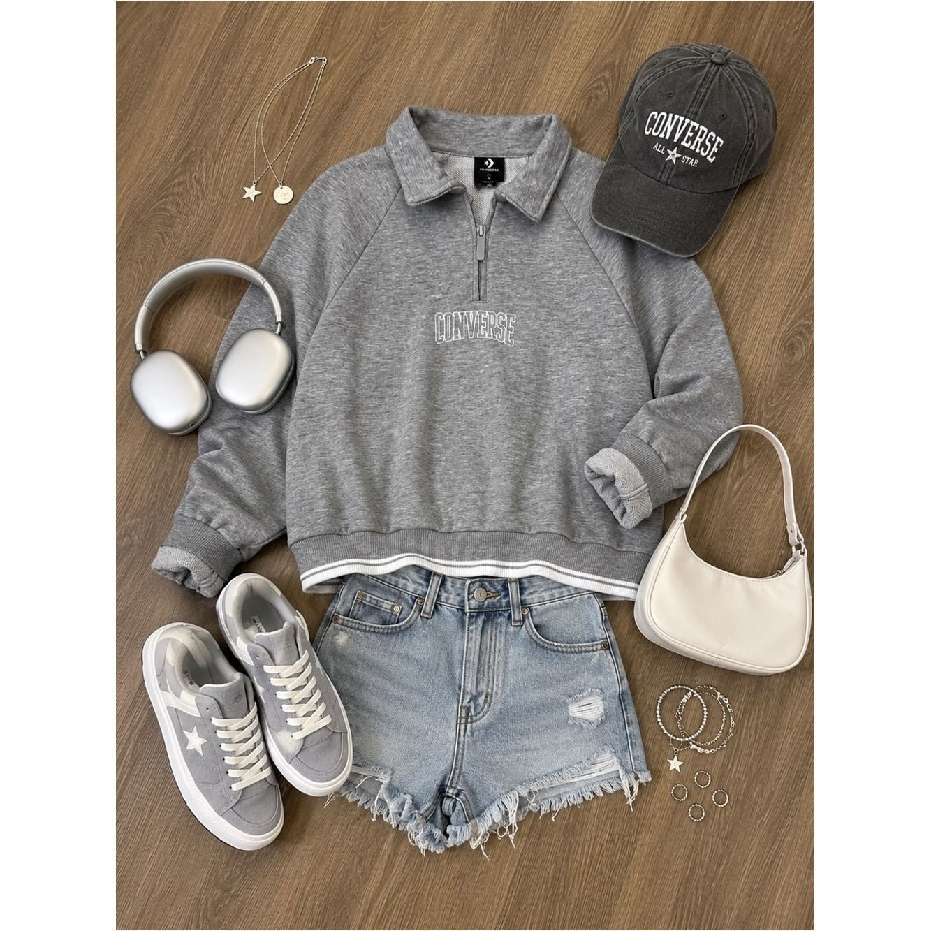 NWT girls Large 10/12 Converse Light Gray Quarter-Zip Pullover with Collar