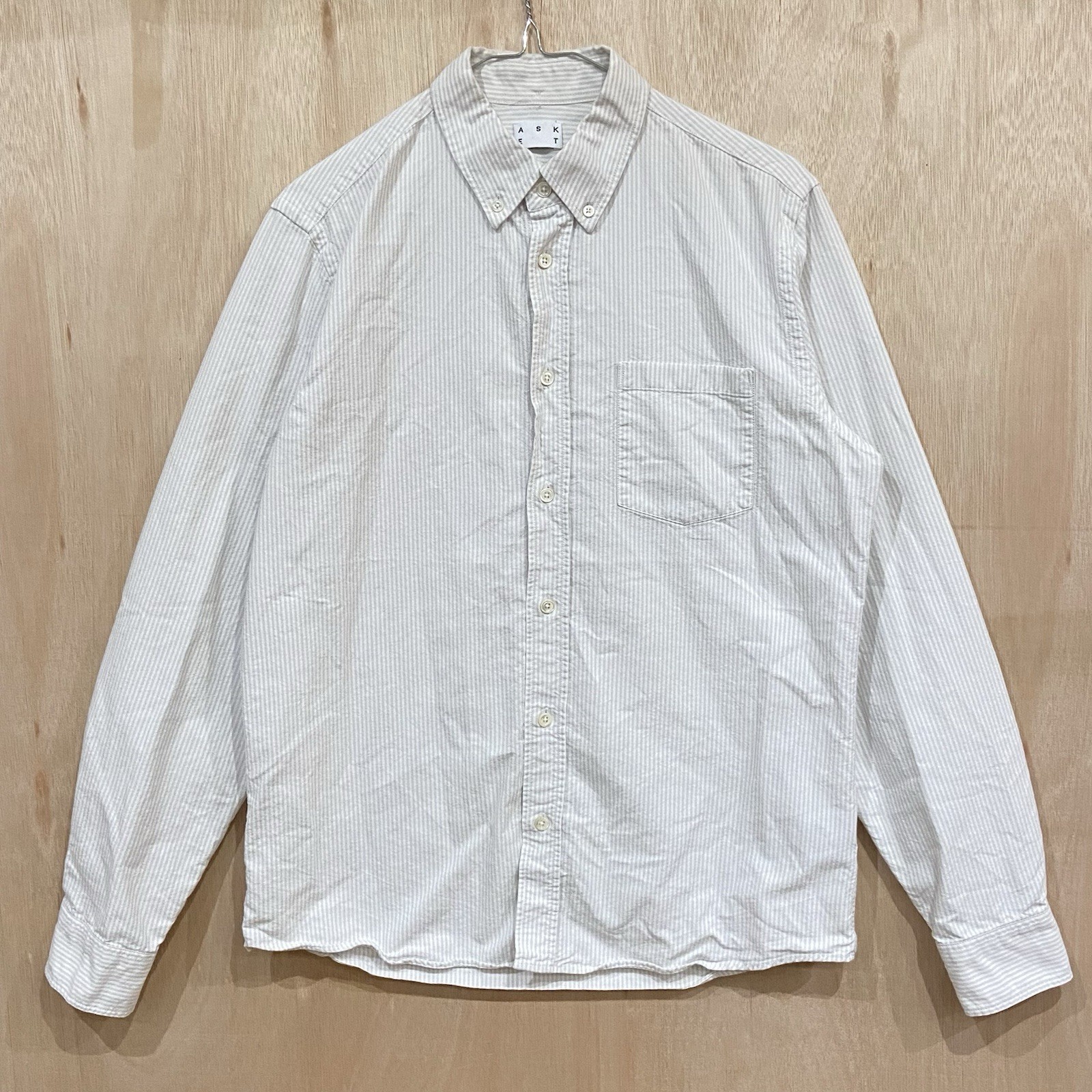 Asket Oxford Shirt Men’s Medium Reg Vertical Grey Stripe Pearl Button Preppy