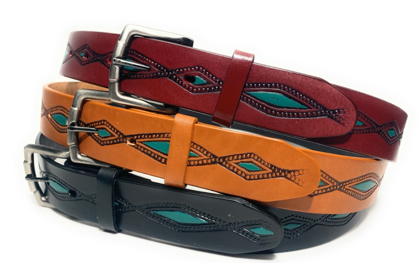 MEN’S WESTERN LEATHER BELT. TURQUOISE DECORATED NEW MEXICO STYLE COWBOY BELT