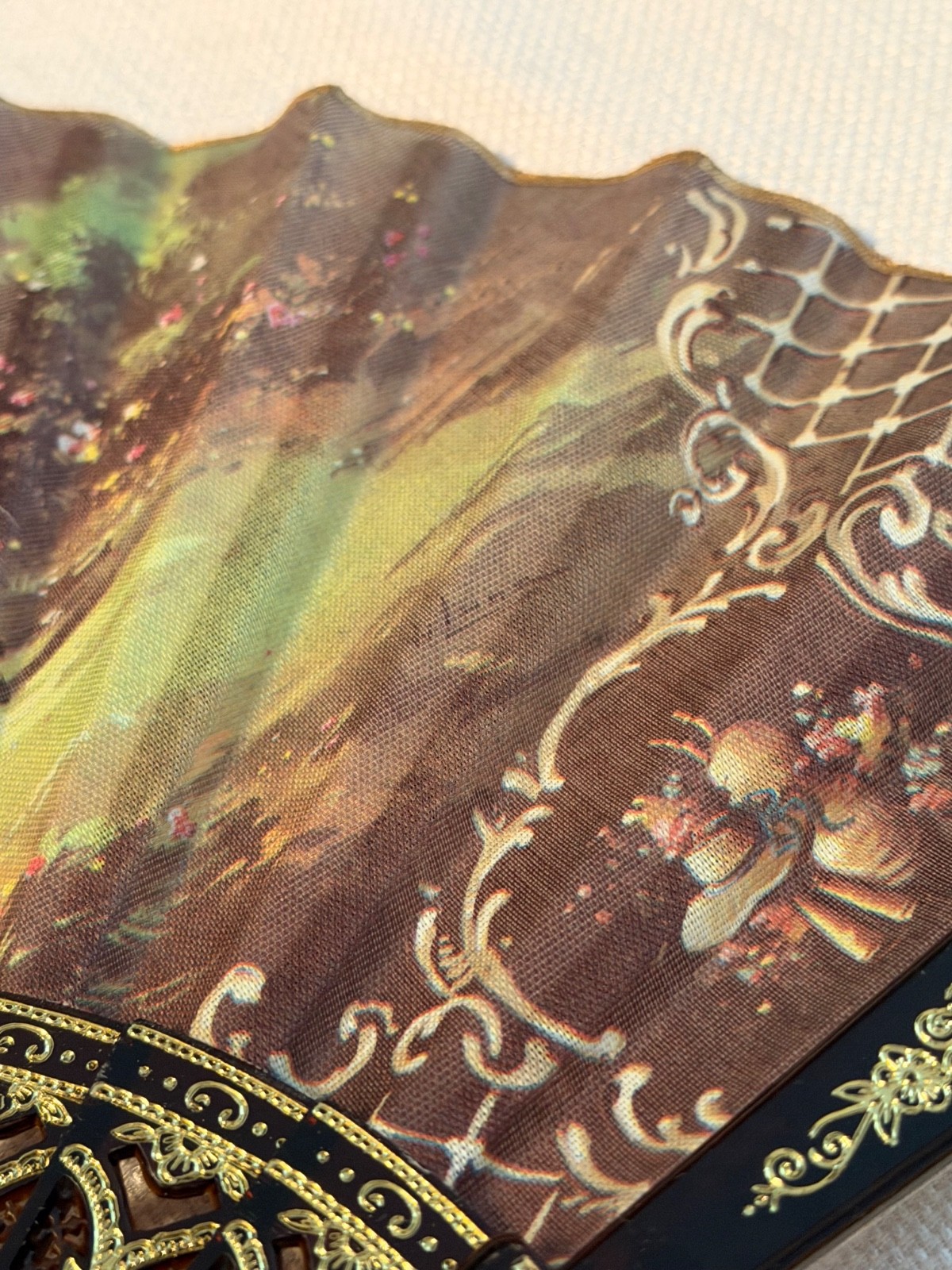 Vtg Giner Hand Fan W Box Features Period Clothing Fabric Plastic Gold Trim Spain
