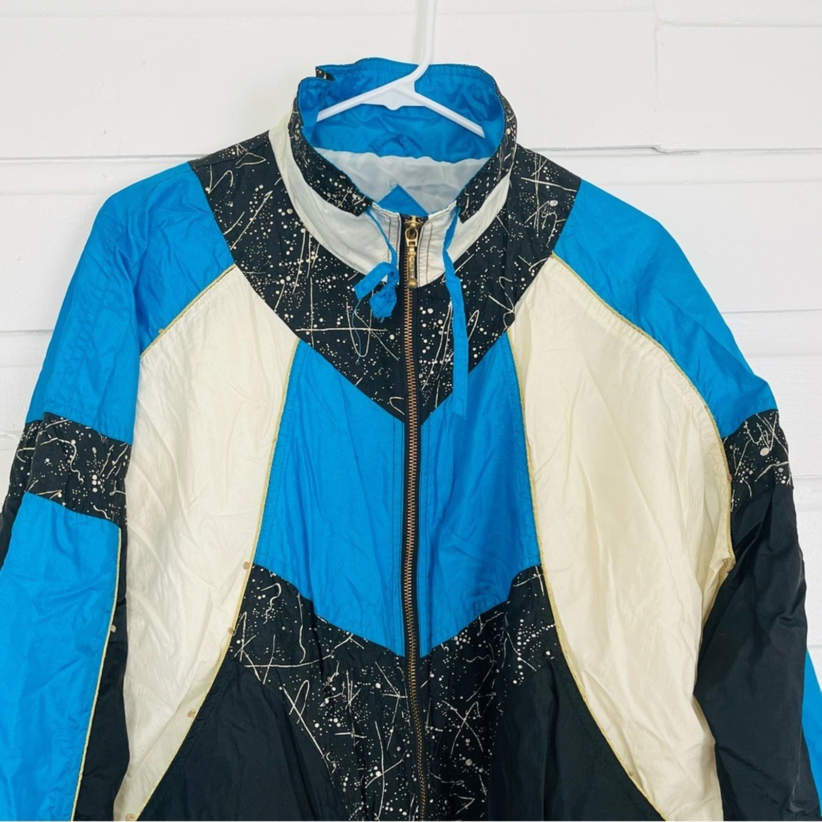 Vintage 90s Windbreaker Jacket Wacky Abstract Electric Blue Gold Black Splatter