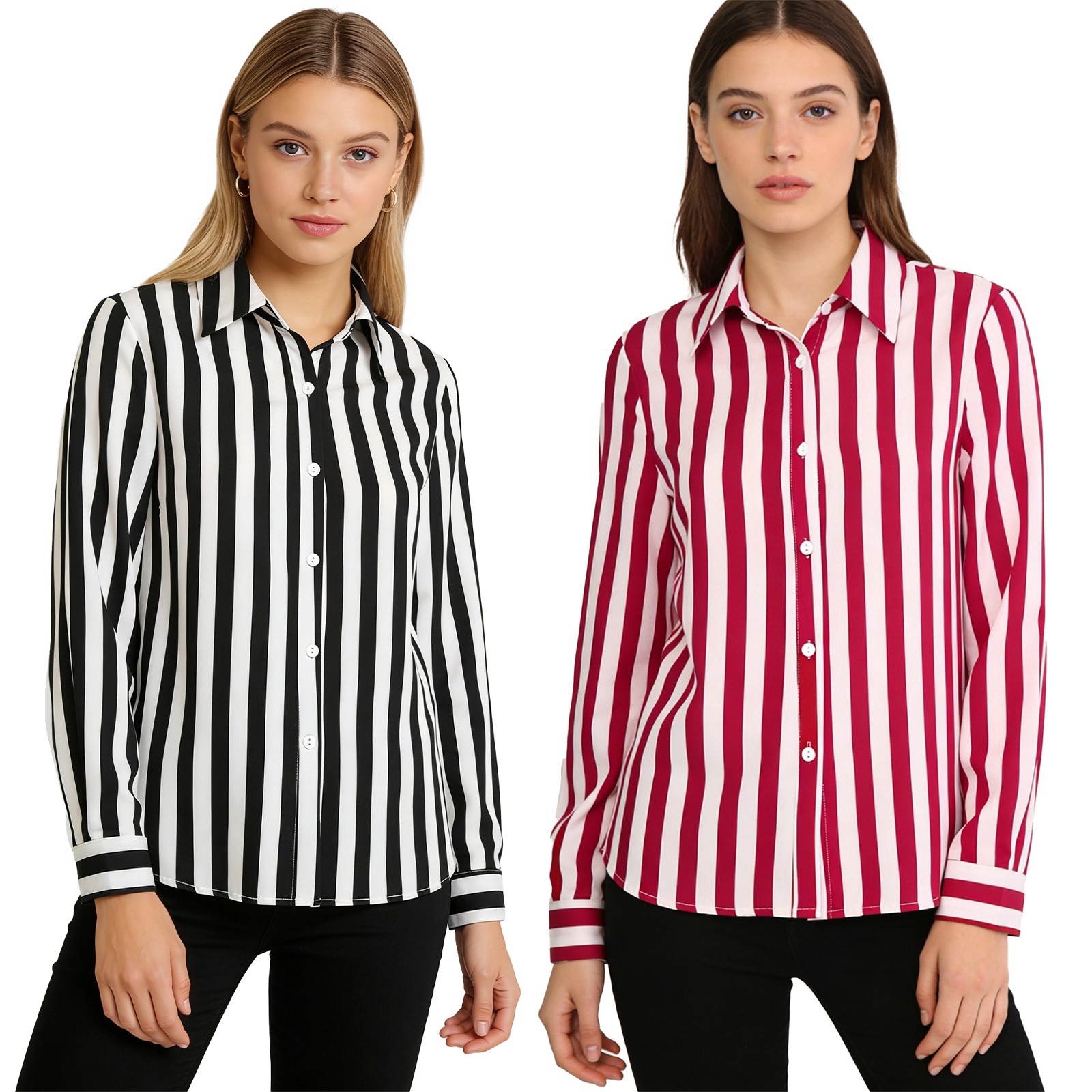 Womens Top Button Blouse Casual Shirt Collared Lapel Striped Stylish Down Club