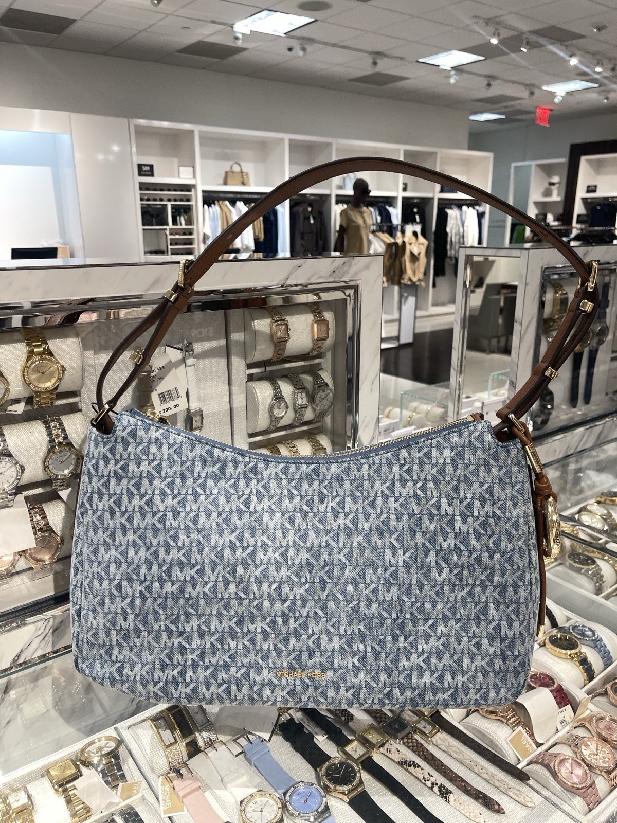 MICHAEL KORS Nolita Medium Signature Logo Print Denim Convertible Should NWT