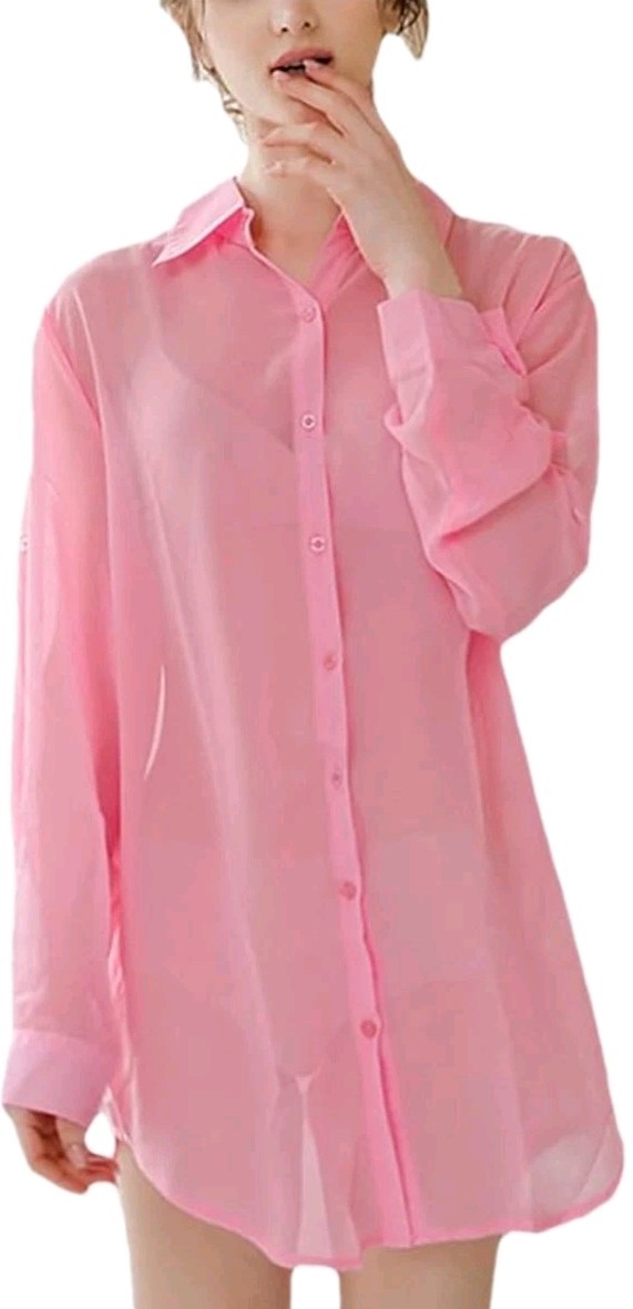 Sheer Transparent Chiffon Cover-Up Blouse Collared Button Front Shirt SzL Pink