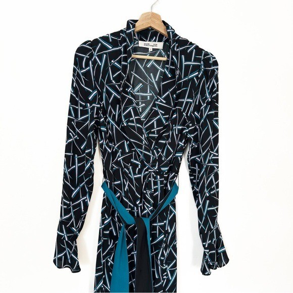 Diane Von Furstenburg Drusilla Black Teal Wrap Midi Dress Womens 8