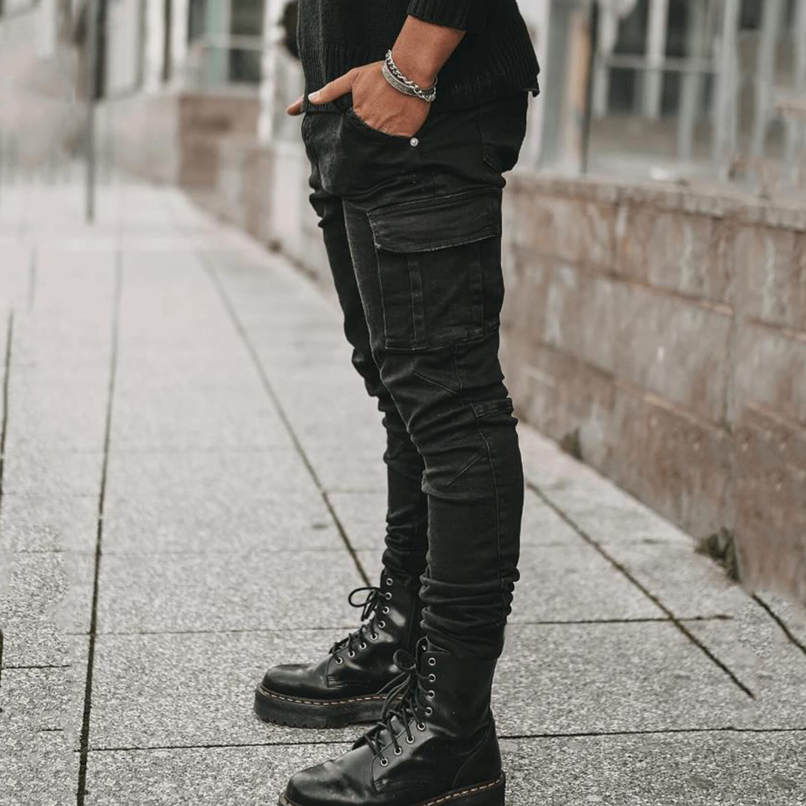 Large SIze Mens Soild Straight Hole Buckle Zipper Middle Waist Denim Long Pants