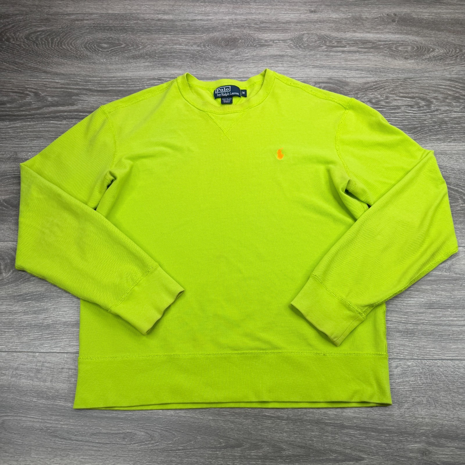 Polo Ralph Lauren Sweatshirt Mens Medium Neon Green Mesh Crewneck Orange Pony