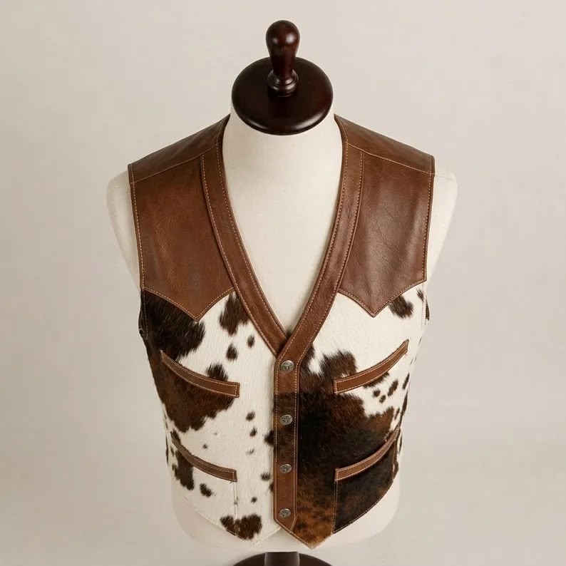 Handmade Cow Hide Leather Vest Brown White Yoke Snap Cowboy Waistcoat