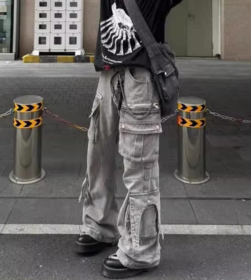 Men’s Gray Denim Jeans Straight Leg Big Pockets Casual Punk Hip Hop Trousers New