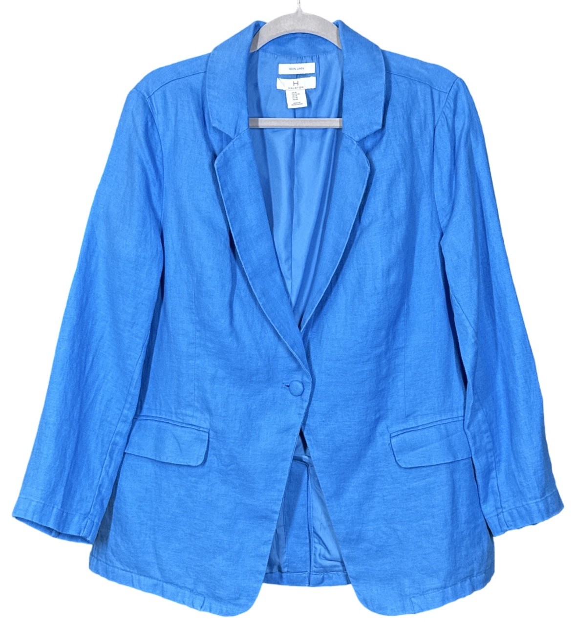H Halston Blue Loose Fit Linen Blazer Jacket Coastal Preppy Women’s Size Medium