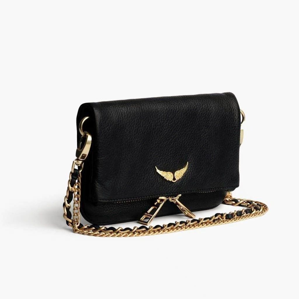 Zadig & Voltaire Rock Wing Black Gold Pebbled Leather Shoulder Bag 21×13×3cm