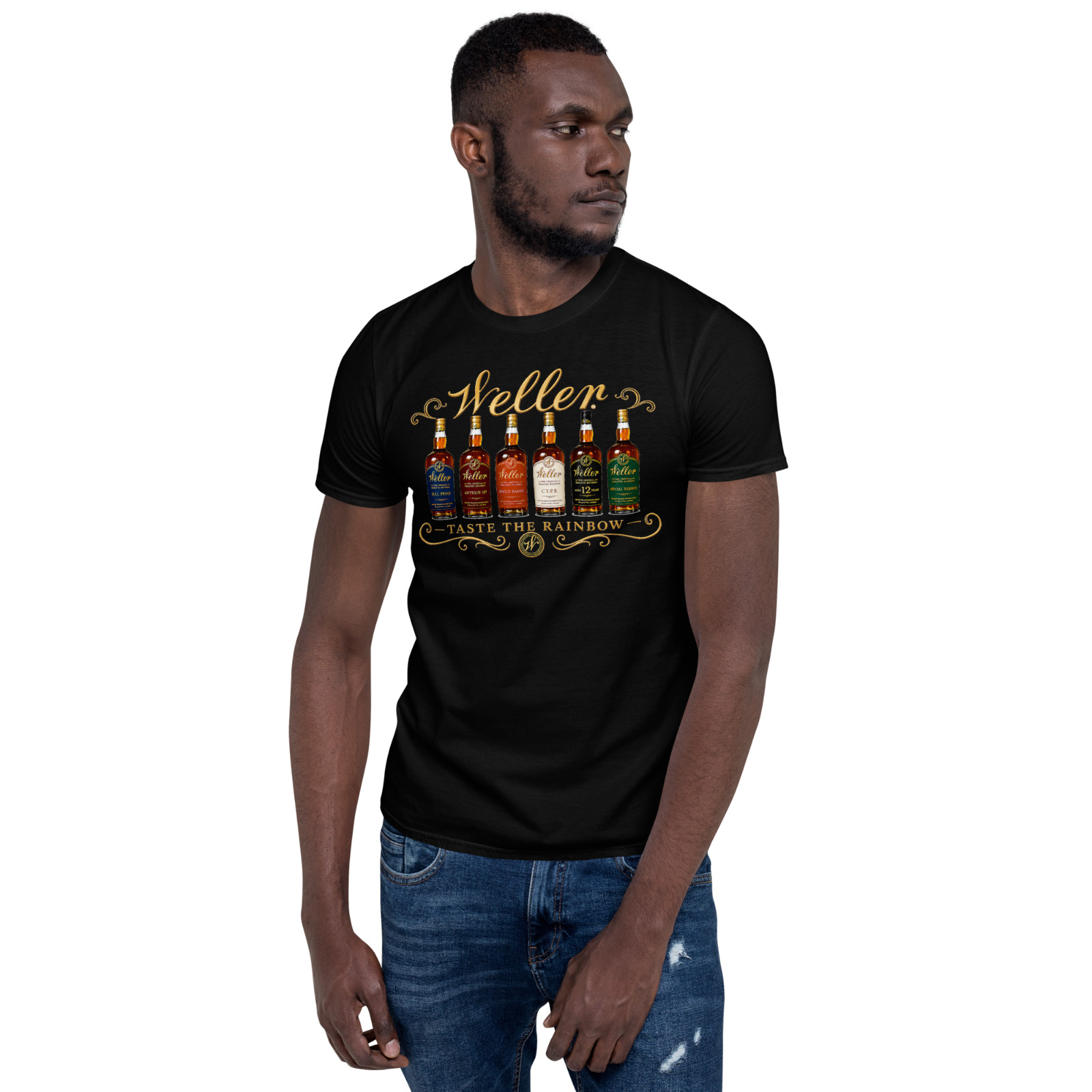 Weller Taste The Rainbow Bourbon Whiskey Graphic T-Shirt Men’s Black Tee Gift