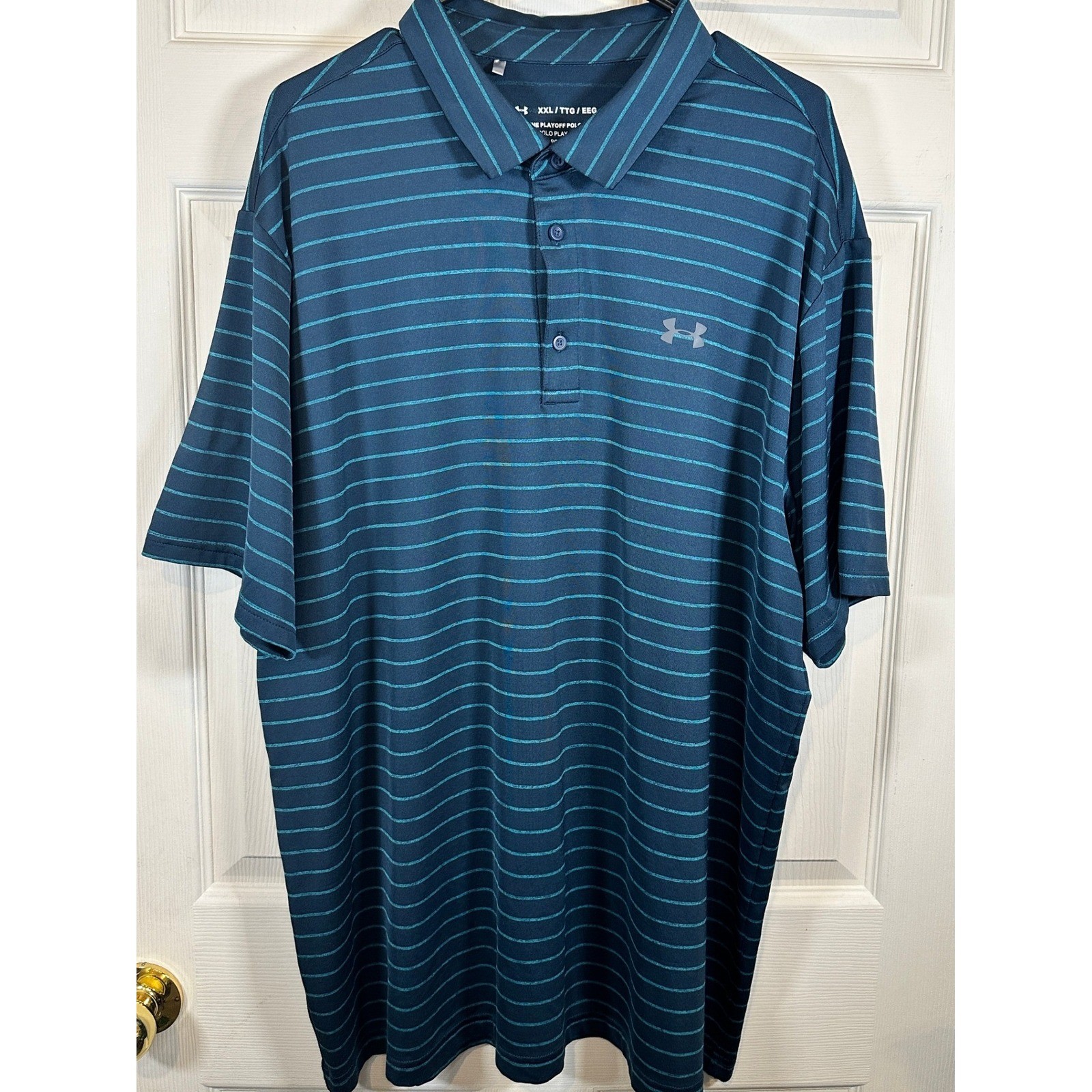 Under Armour Playoff Polo Men XXL Navy Blue Teal Striped Short Sleeve Golf Shirt
