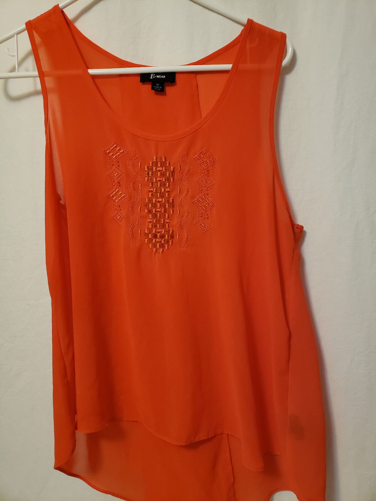 B Wear Tank Top Size Medium Red Orange Sheer Beaded Embroidered Split Back