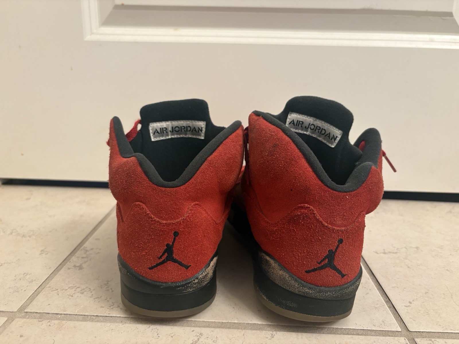 Jordan Air Jordan 5 Red/Black/Gray Suede Mid Top Basketball Sneakers Lace Up