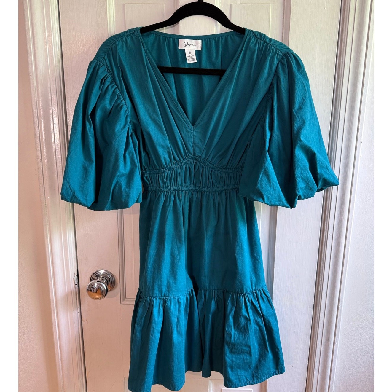 Japna Teal Green Puff Sleeve Tiered Mini Dress V-Neck Size Small EUC