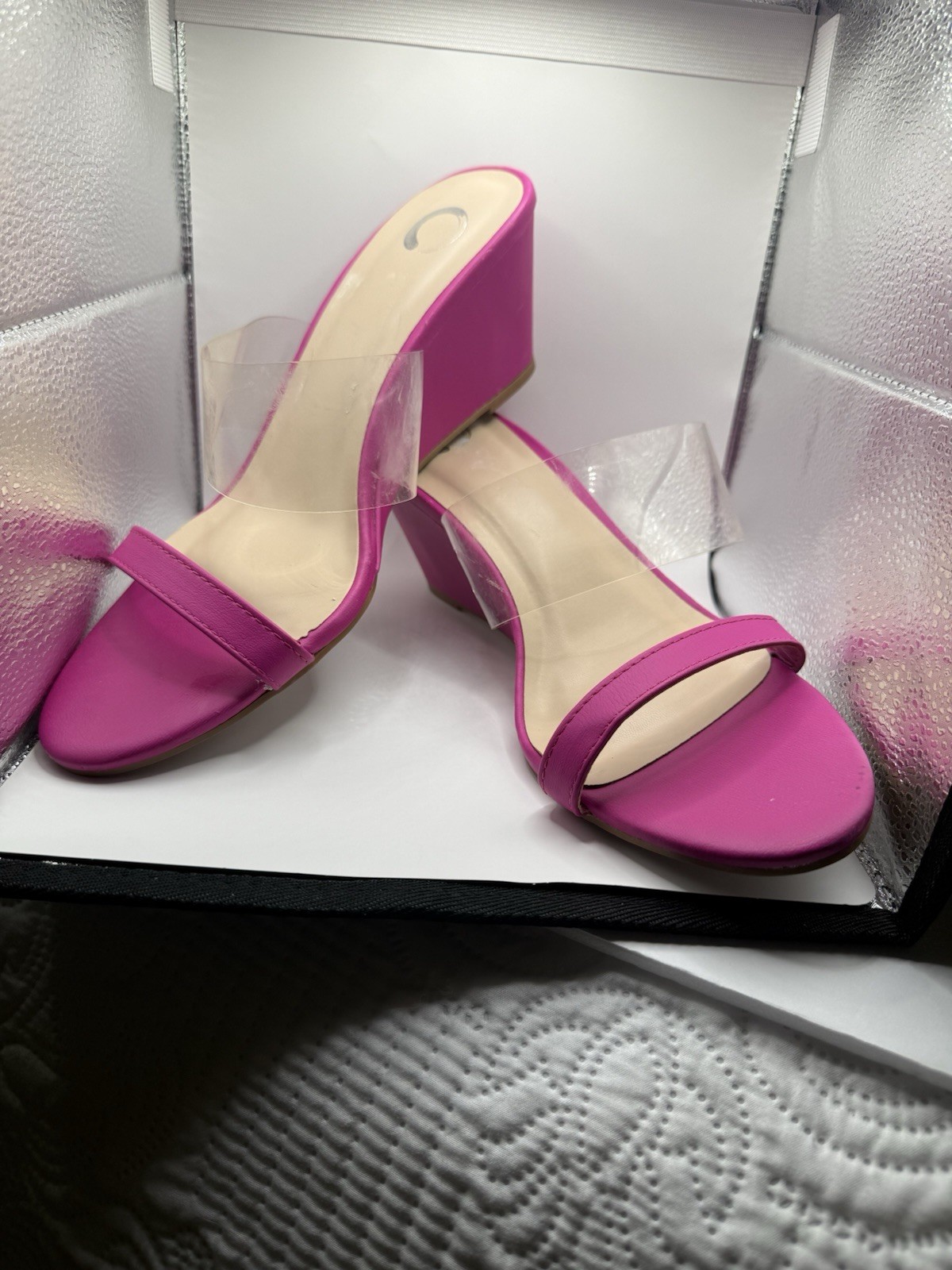 Solid Pink Clear Strap Slide Mule Open Toe Slip On Wedge Heel Women’s 12