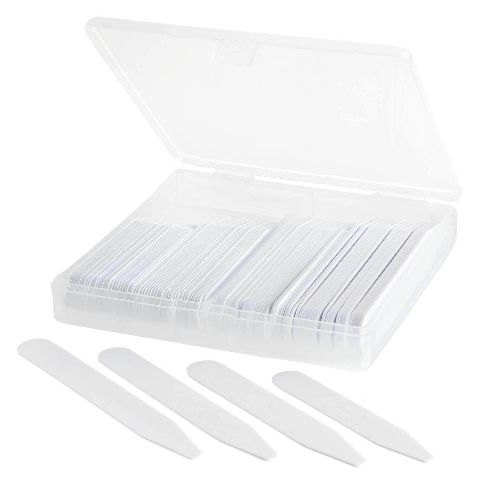 100 Plastic Collar Stays for Men Shirts 4 Various Sizes In Clear Divided Box