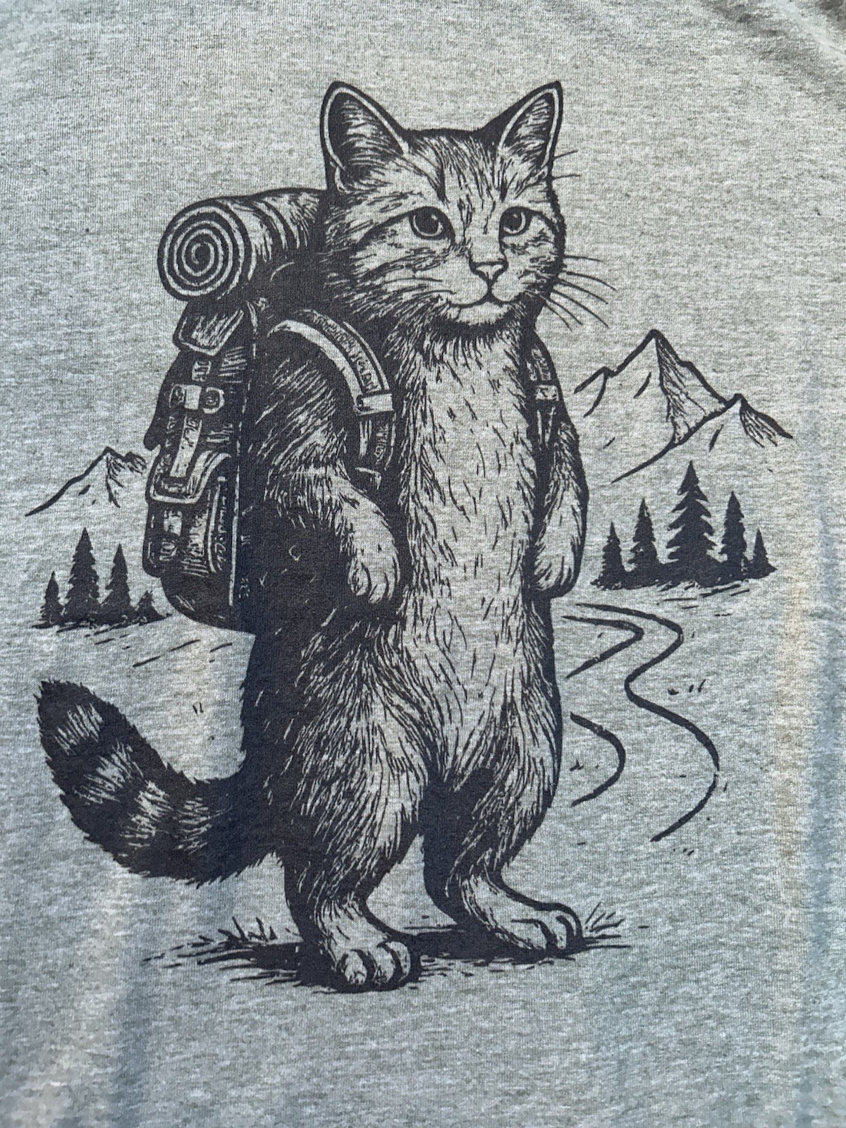 Cat Hiking / Backpacking / Camping Soft Olive Green Graphic T Shirt Women’s M
