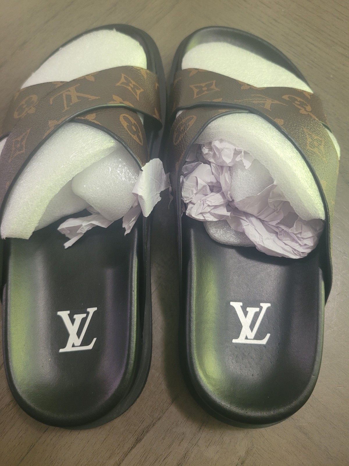 Louis Vuitton Monogram Logo Slide Sandals Leather Black Brown Yellow Men 40