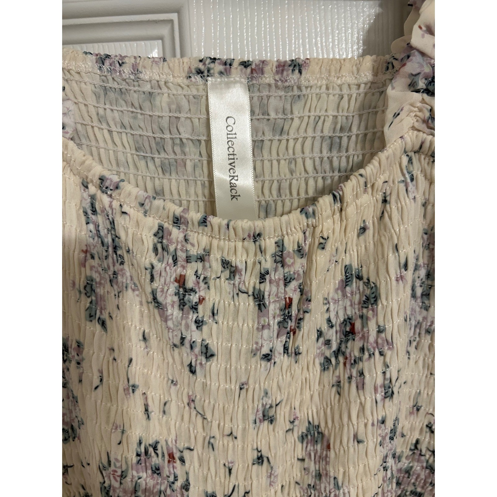 Collective Rack Floral Smocked Crop Top Cream Purple Sheer Balloon Sleeve Blouse