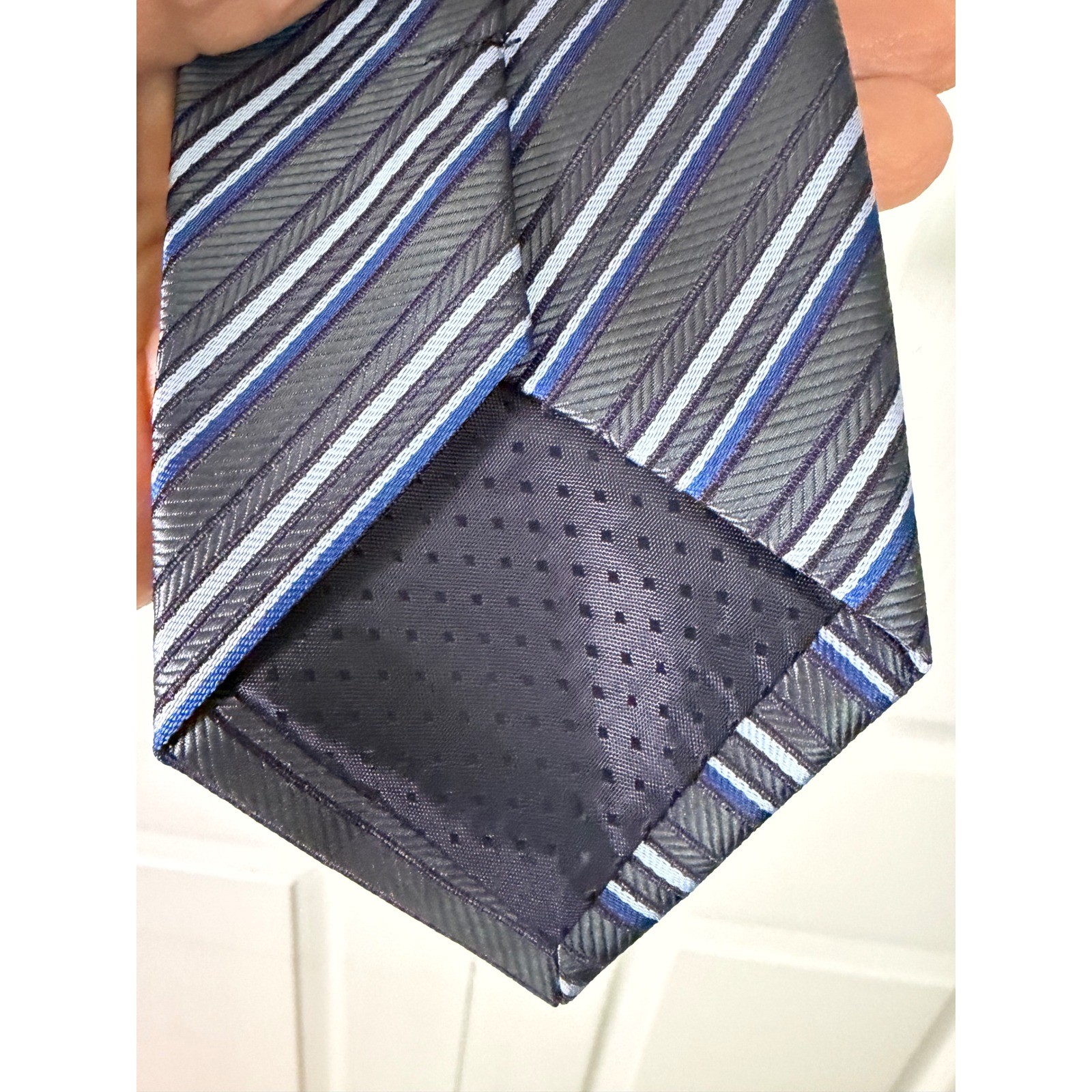 WeiShang Mens Silk Tie Grey Navy Light Blue Diagonal Striped Herringbone Texture