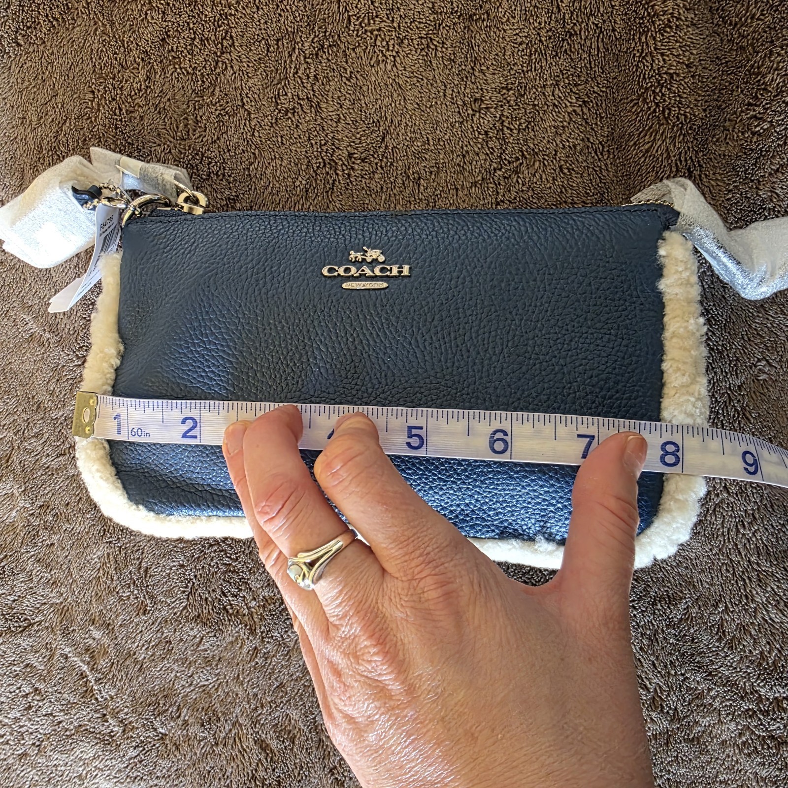 Coach Nolita 19 Shearling Blue Pebble Leather Wristlet Chain Bag NWT