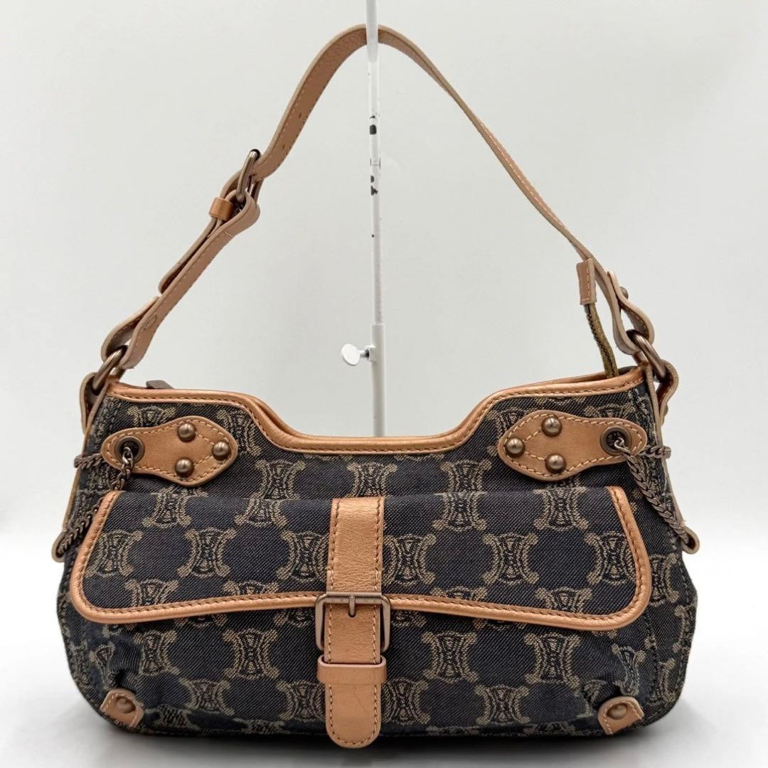 CELINE Paris Macadam Shoulder Bag Indigo Triomphe Denim Leather Authentic Italy