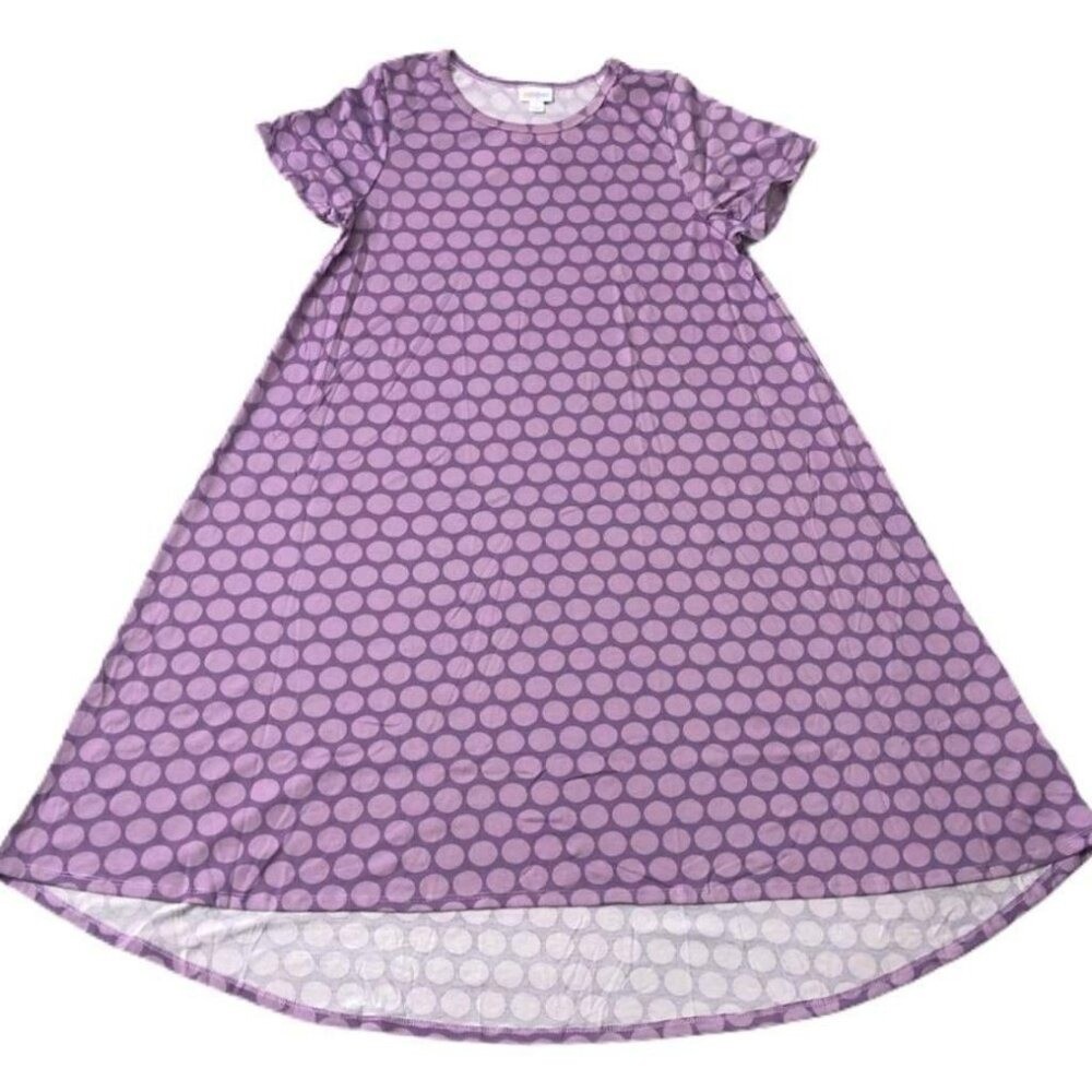 NEW LuLaRoe Carly XL Purple Polka Dot Swing Dress High Low Flowy Short Sleeve