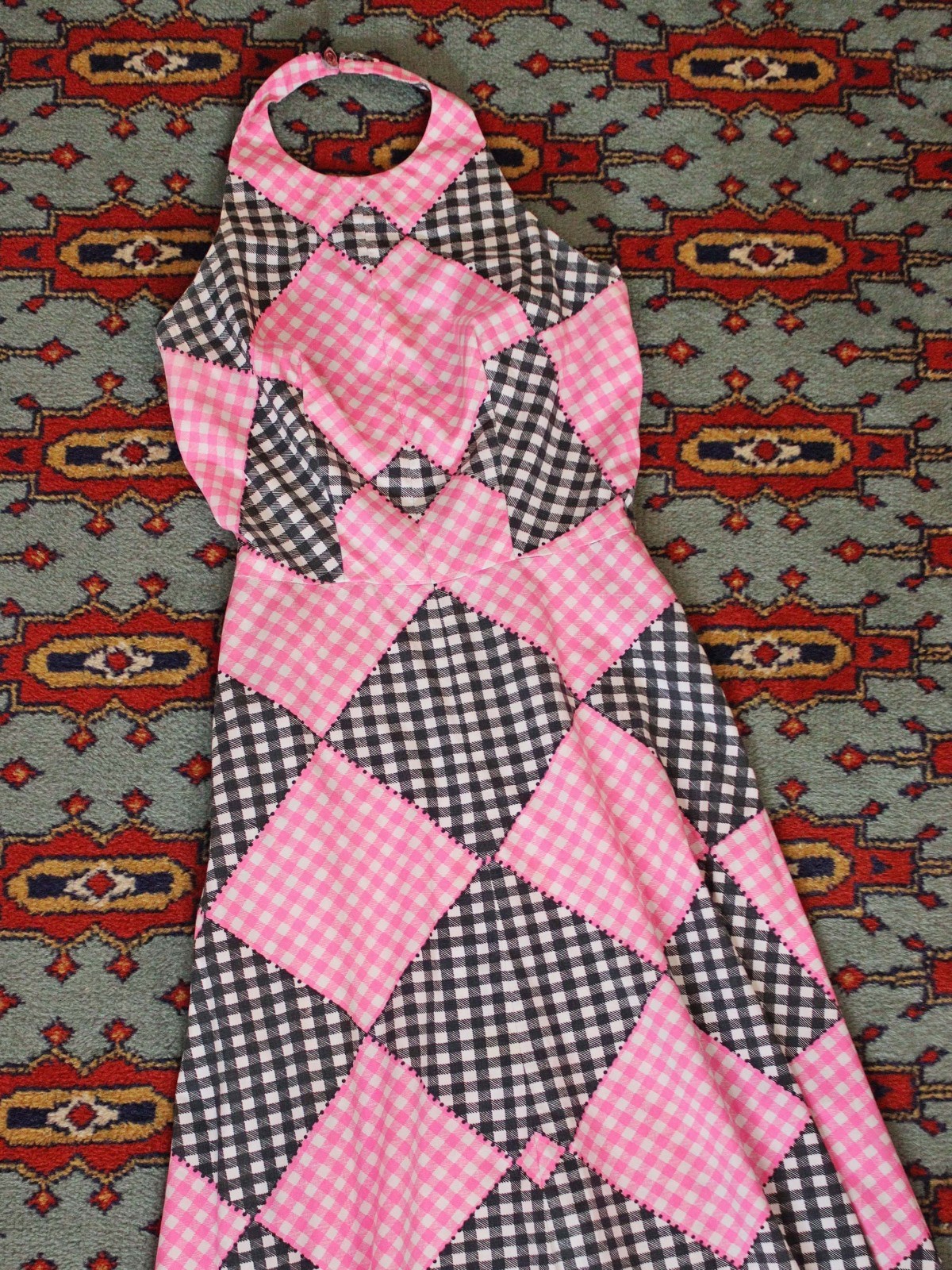 VTG 1960s Cotton Gingham Check Print Pink Black White Halter Maxi Party Dress
