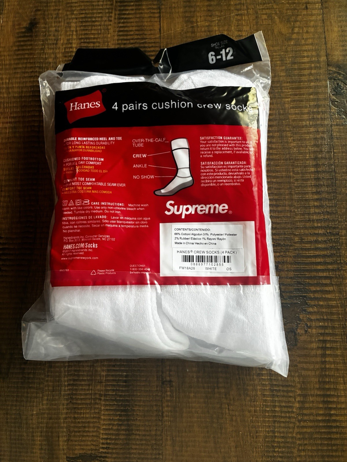 Supreme X Hanes Crew Socks – White, Pack of 4, Size 6-12