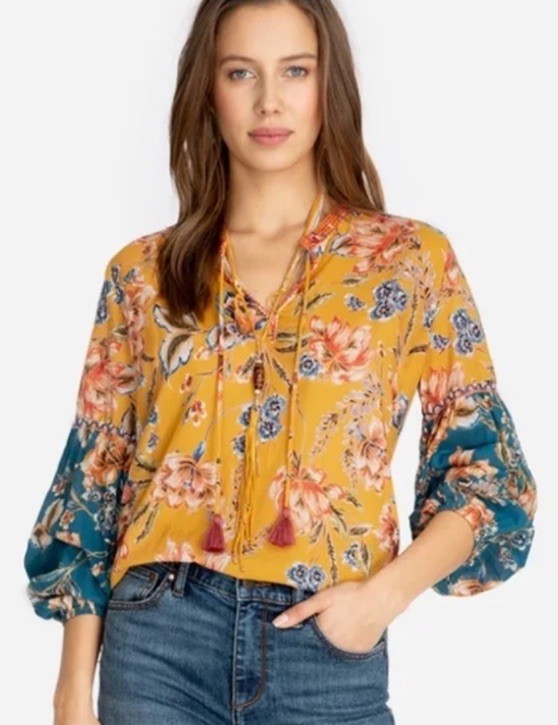 Johnny Was Effortless Peasant Blouse 100% Cotton Mustard Floral Multi Top L/XL