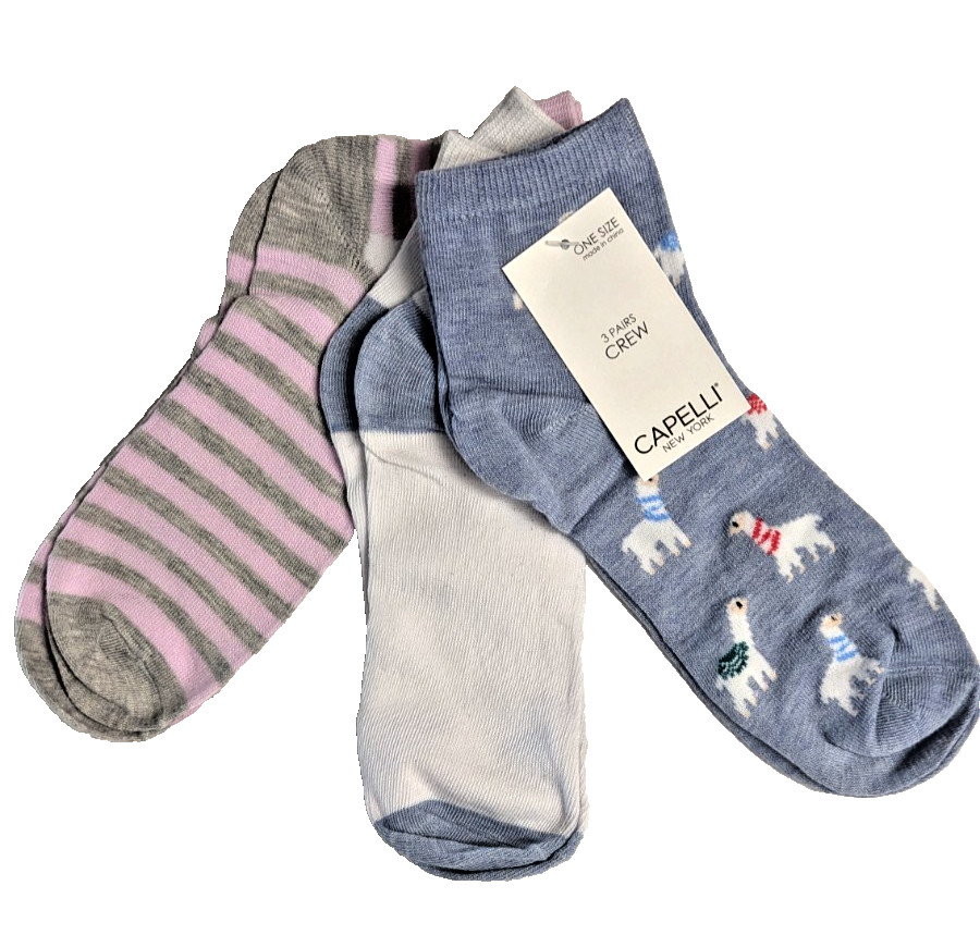 Llama Alpaca Women’s Crew Socks Blue White Pink Gray 3-Pc One Size Polyester