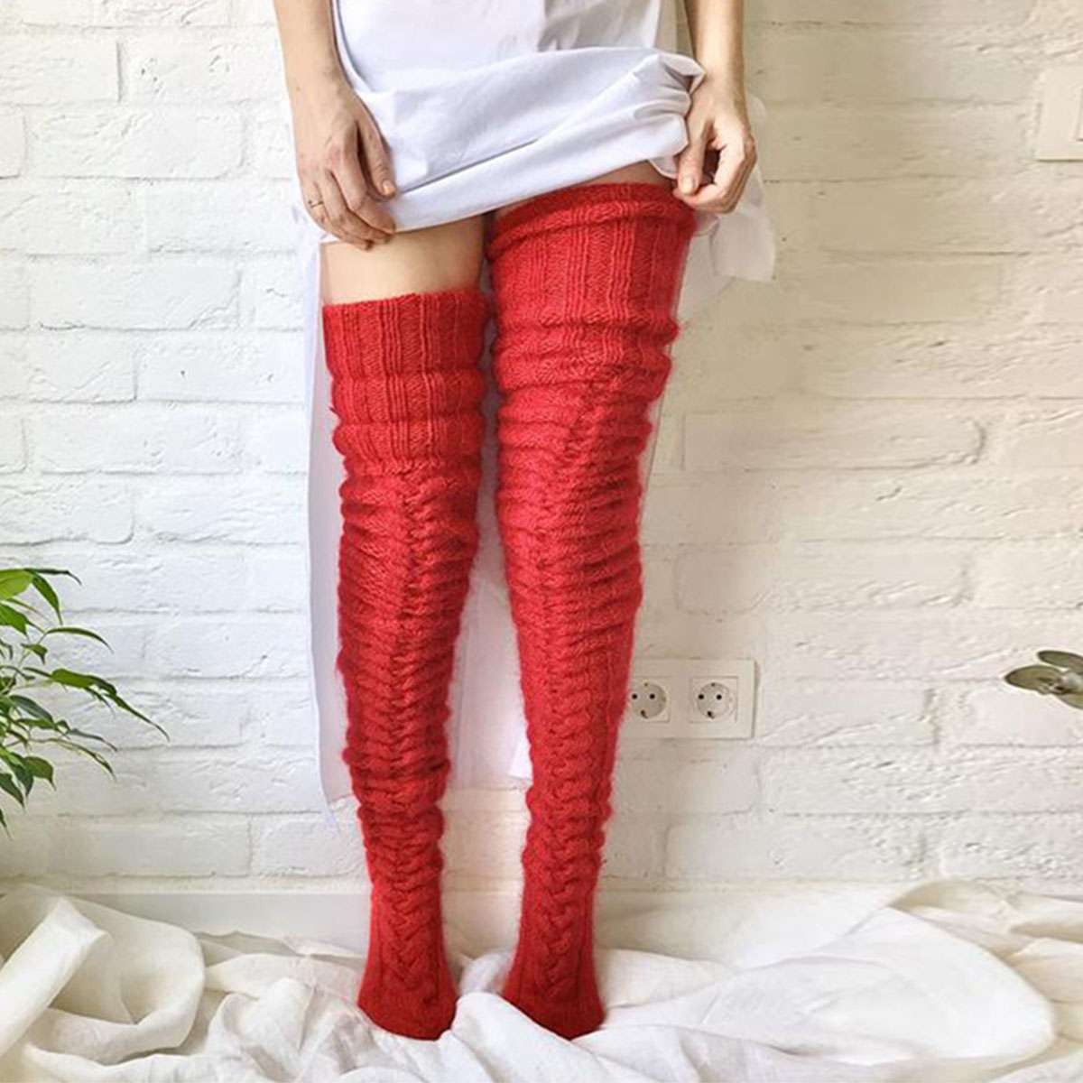 Long Socks Warm Over Knee High Wool Knitted Thick Stockings Thigh Winter Women