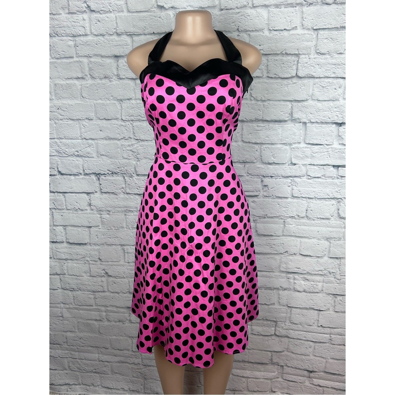 Dress Tells Pink Black Polka Dot Halter Dress XL Retro Pinup Rockabilly