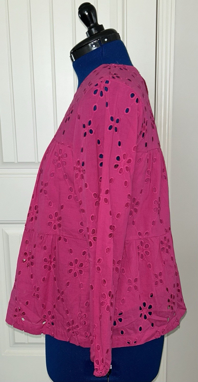 J.Crew Fuchsia Eyelet Peasant Blouse, Size M, Pre-Owned